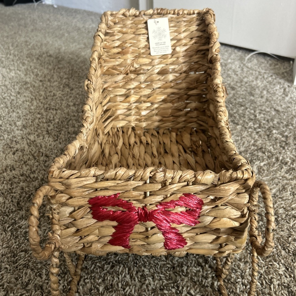 RGI Home Christmas Wicker Sleigh Basket Red Bow Handles 16x10x10 in